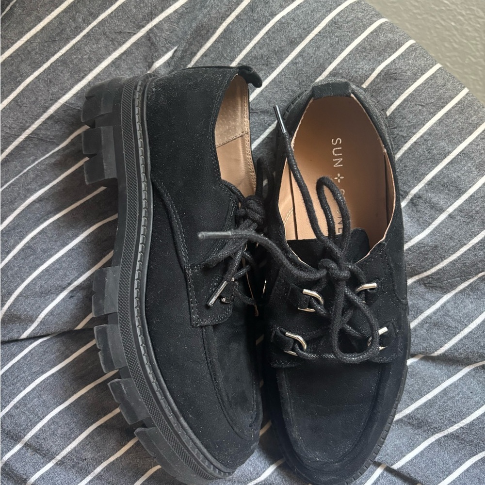 Sun + Stone Black Suede Lug-Sole Derby Oxfords